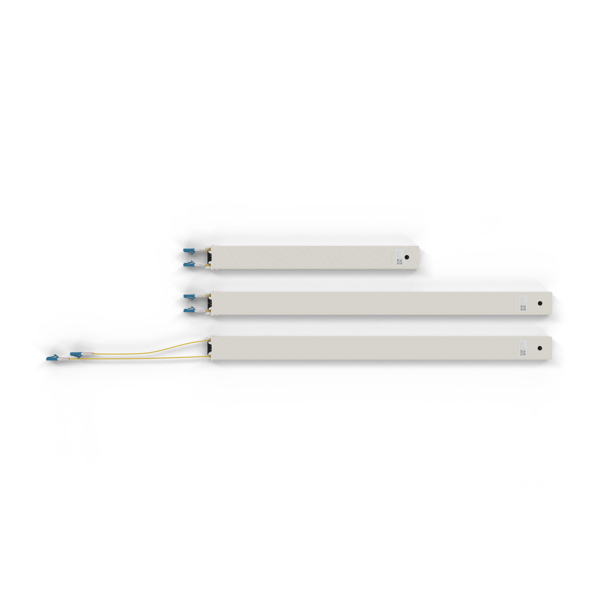 comparison of different patchbox.one fiber optic cassettes with lengths 0.8m (8RU), 1.8m (30RU), 2.5m (46RU). retractable patch cables for optimised cable management